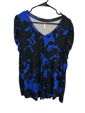 Cathy Black Blue Floral V-Neck Long Sleeve Rayon Top Size L Preppy Chic Retro